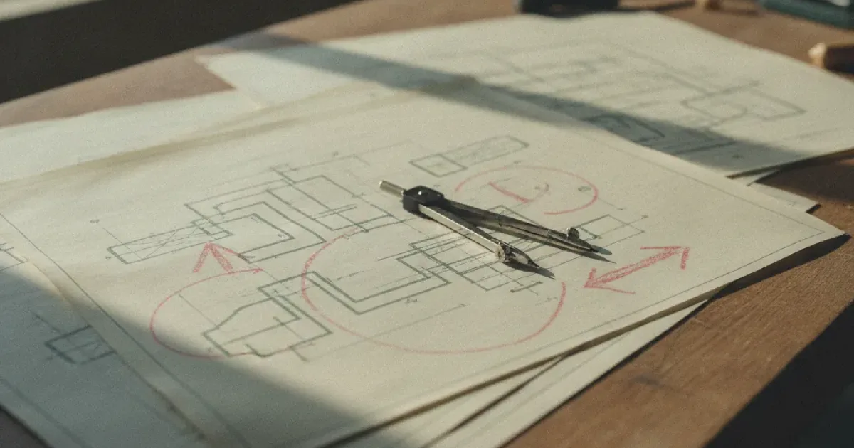 Plans techniques superposés sur une table en bois, cercles et flèches au crayon rouge, compas posé dessus
