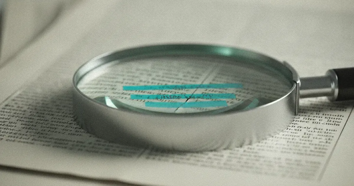 Loupe posée sur une pile de pages imprimées, deux lignes surlignées en turquoise sous le verre