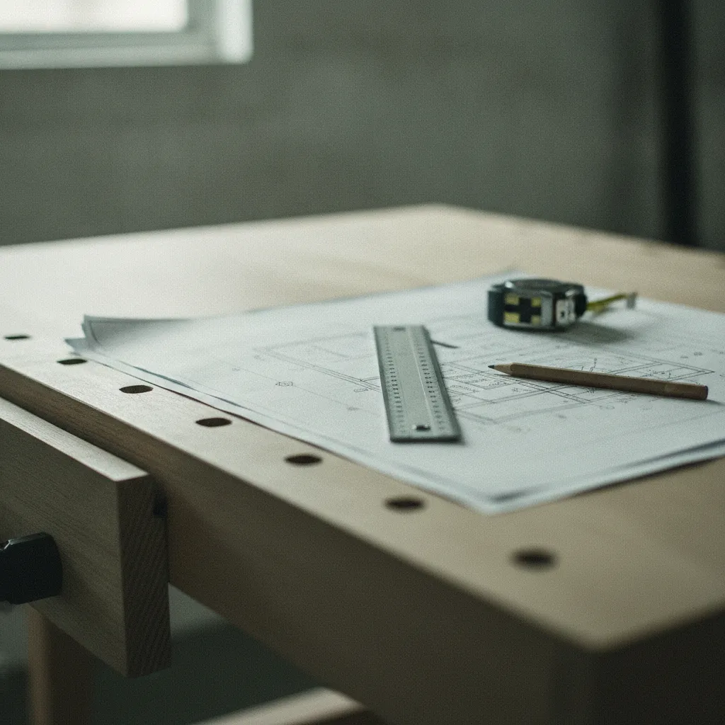 Établi d'atelier avec un plan technique déplié, une règle graduée, un crayon et un mètre ruban posés dessus
